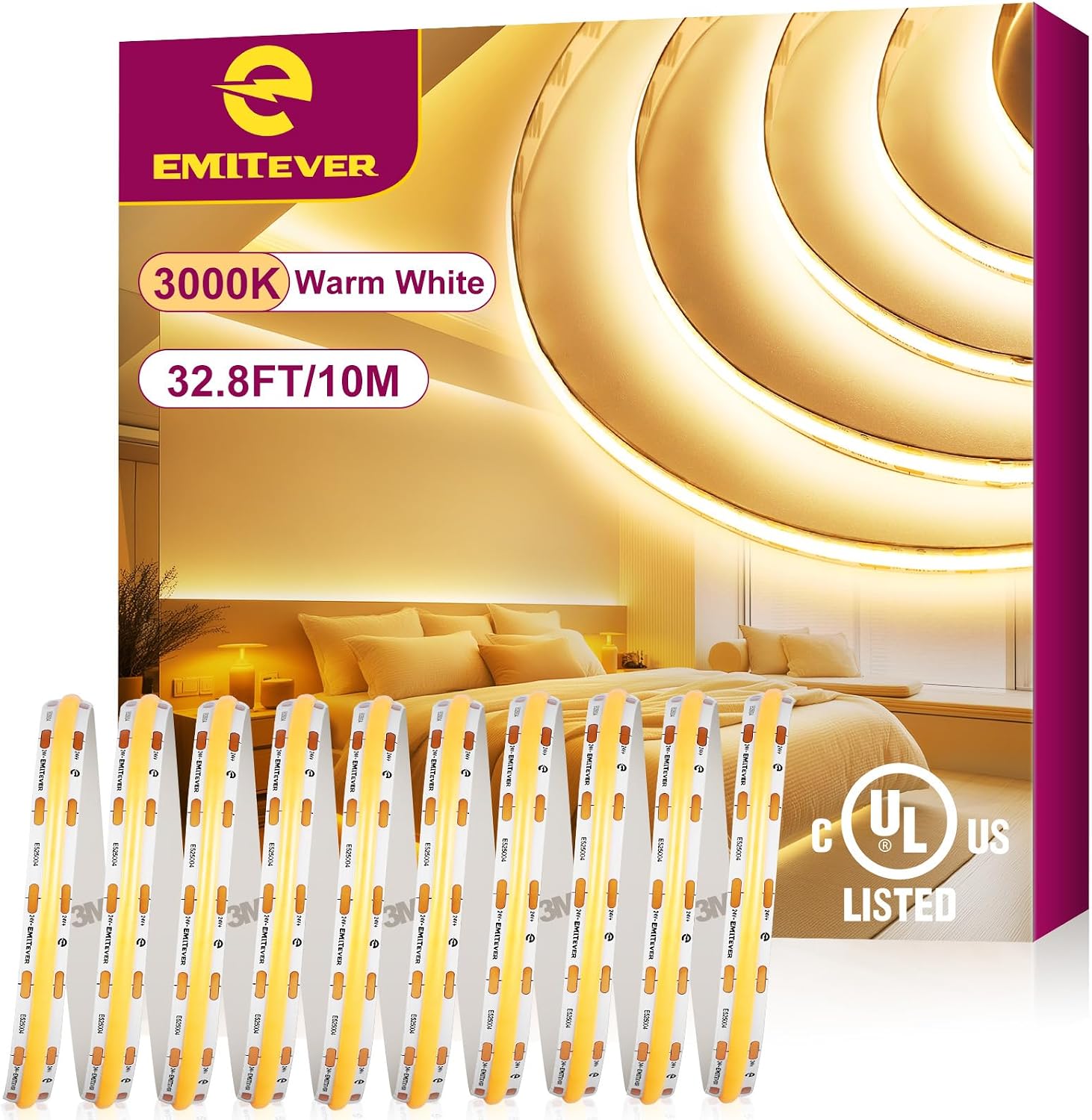 COB LED Strip — 32.8 ft, Warm White 3000K, 24V, 4800 LEDs