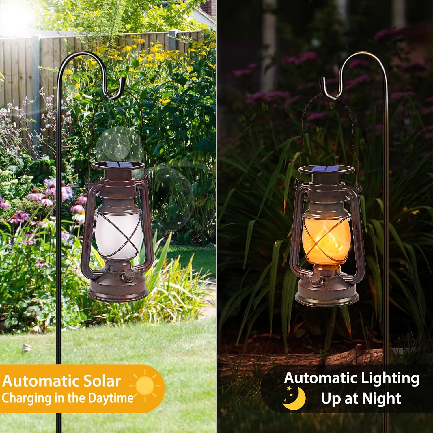 Solar Lanterns — 2 Pack, Flickering Flame, Bronze Finish - Image 4