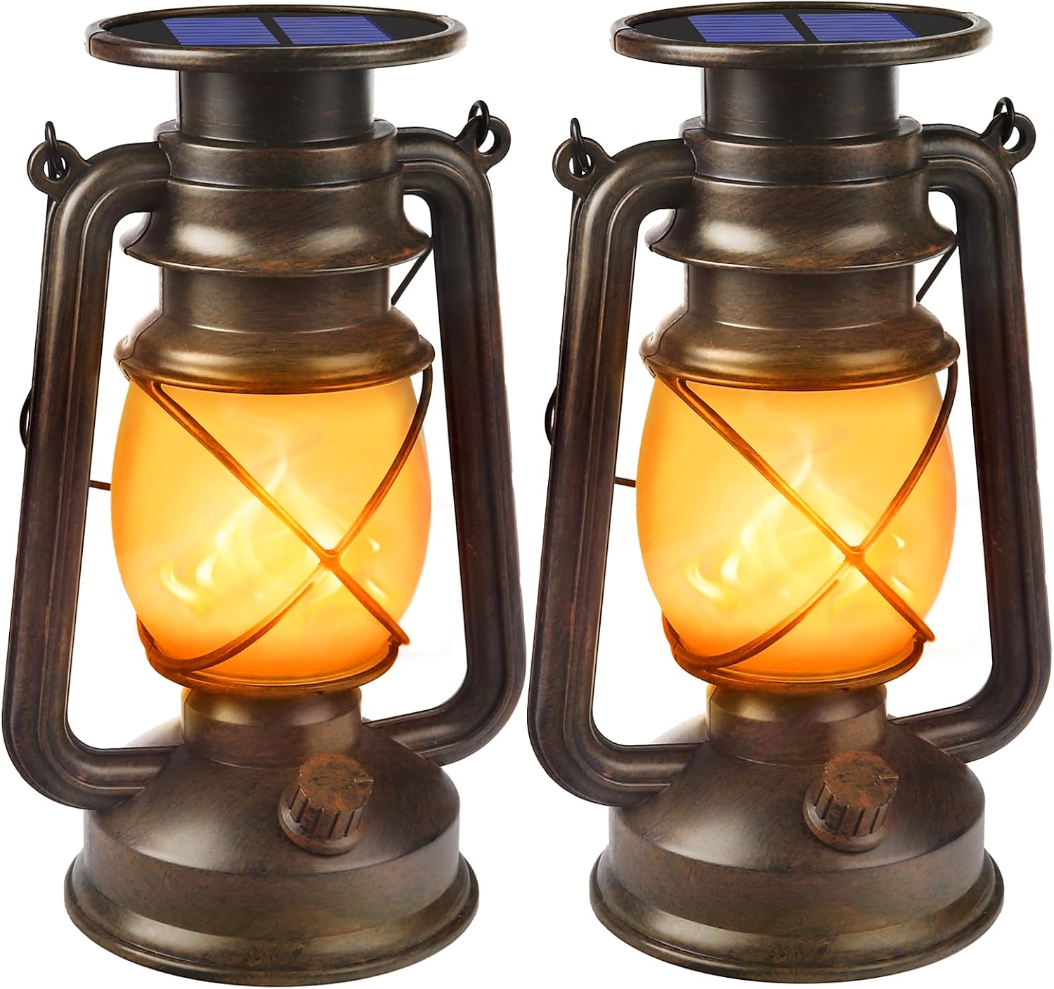Solar Lanterns — 2 Pack, Flickering Flame, Bronze Finish