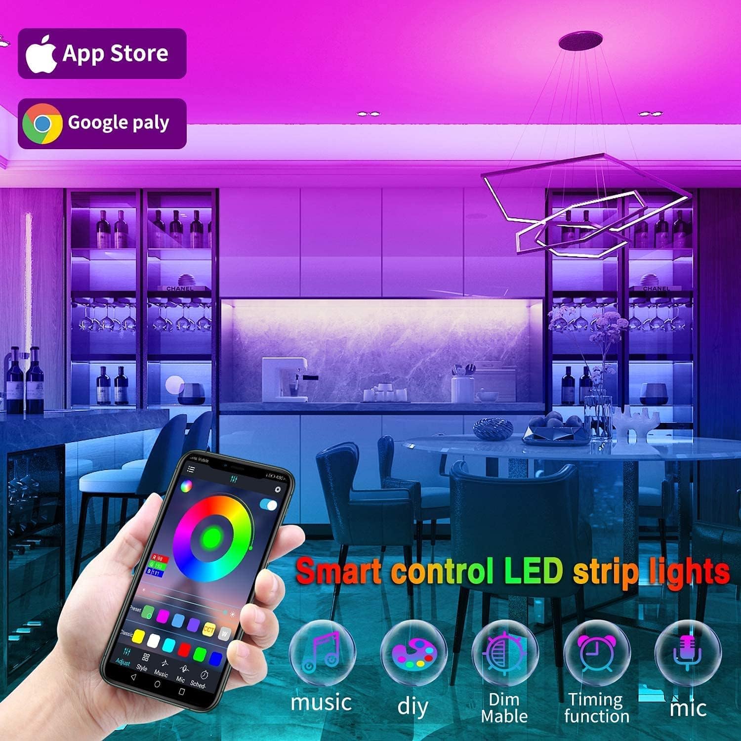LED Strip Lights — 100 ft (2 × 50 ft Rolls), Music Sync, Colour Changing - Image 3