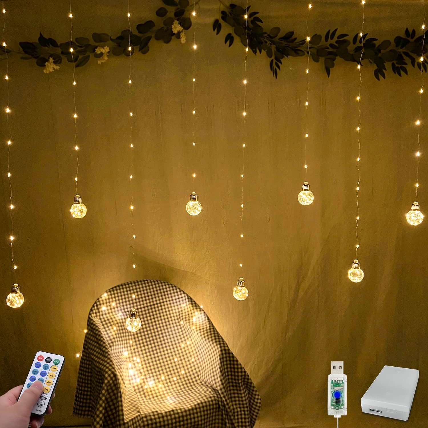Wishing Ball Curtain String Lights — 9.8 × 3.3 ft, USB or Battery